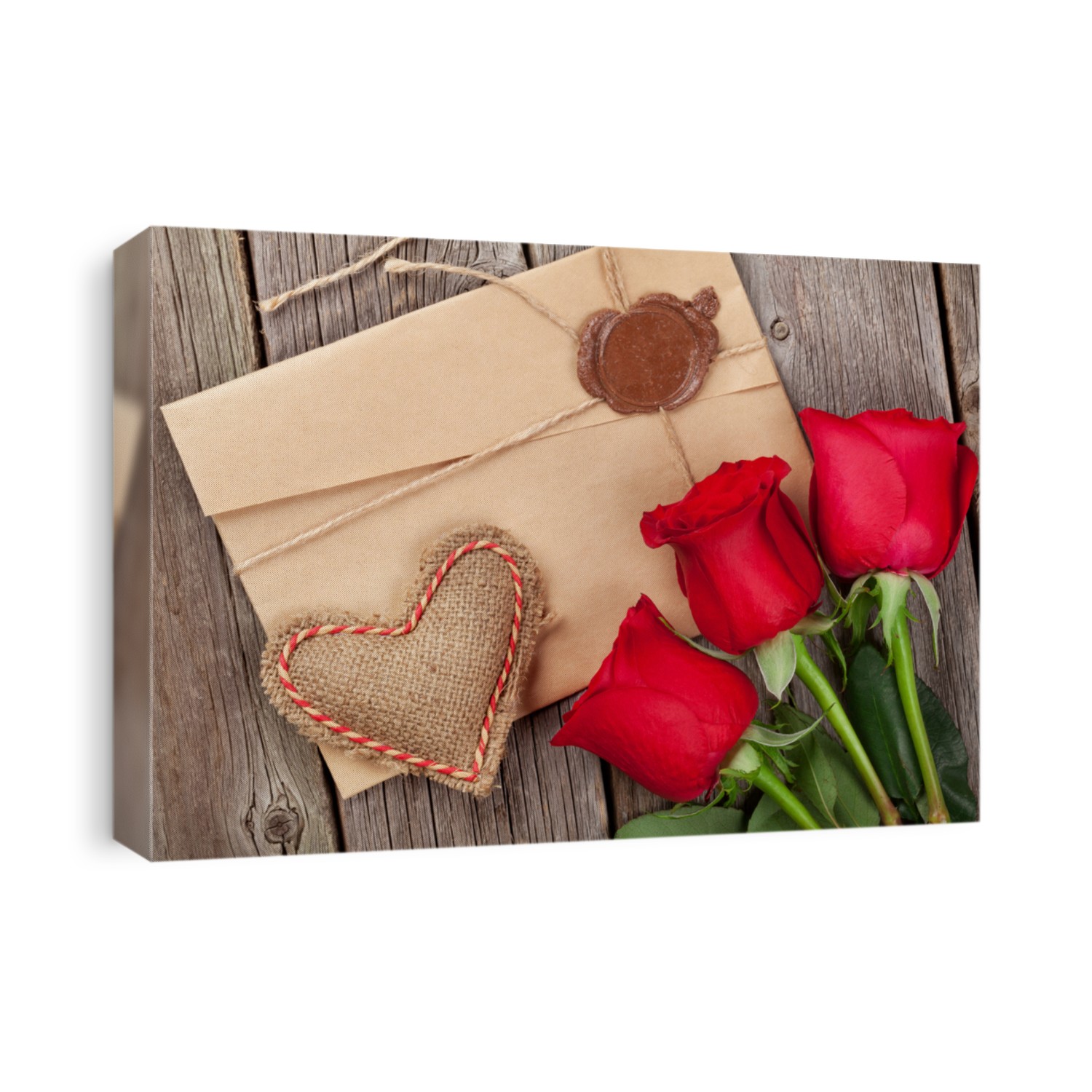 Love letter, red roses and heart on wooden table. Valentines day concept