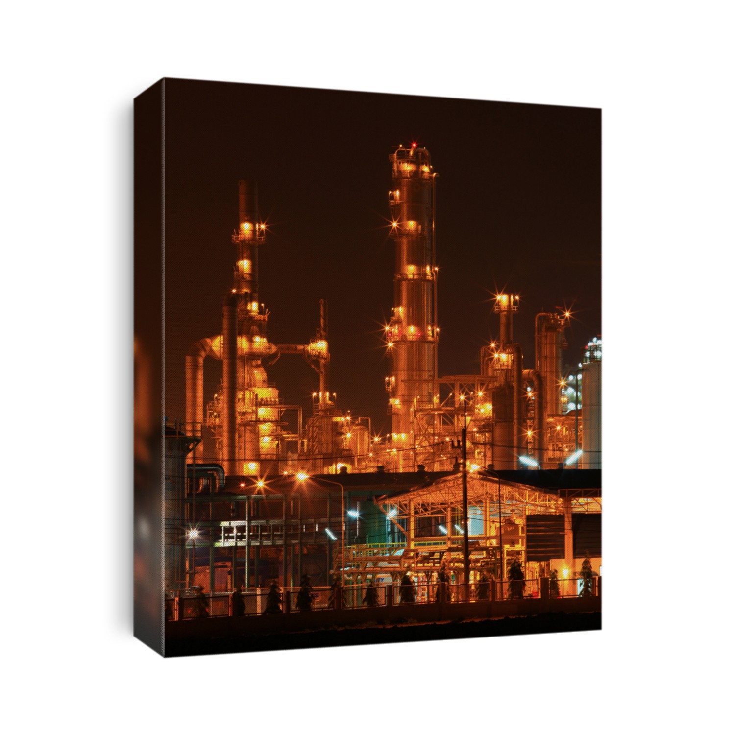 closeup of petrochemical oil refinery factory pipeline at night