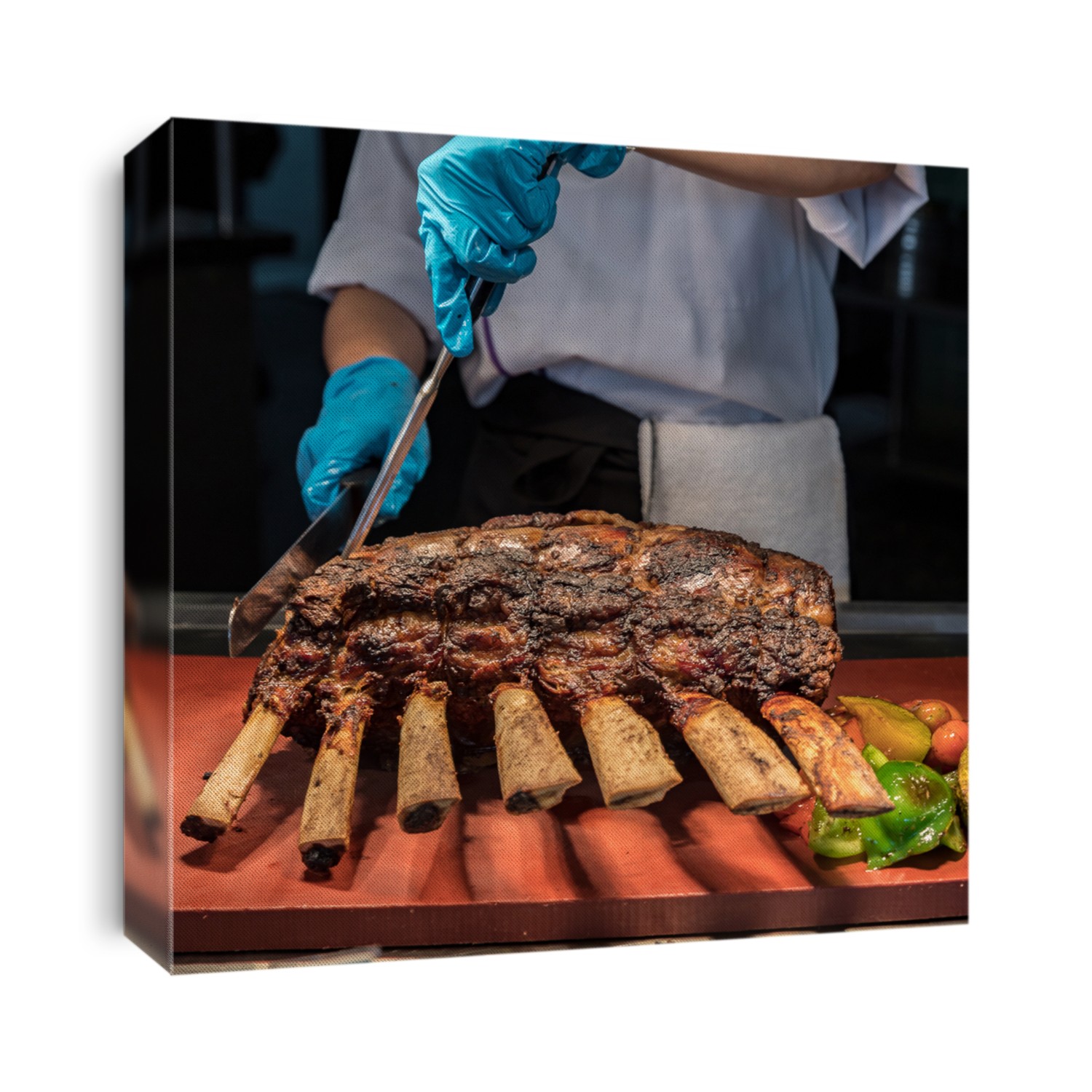 Chef Carving prime rib of  roast Wagyu beef 